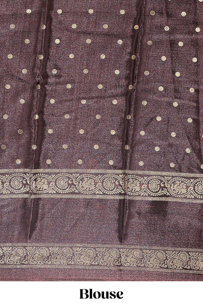 Deep orange zari butta semi soft silk saree with contrast bentex border and zari striped pallu