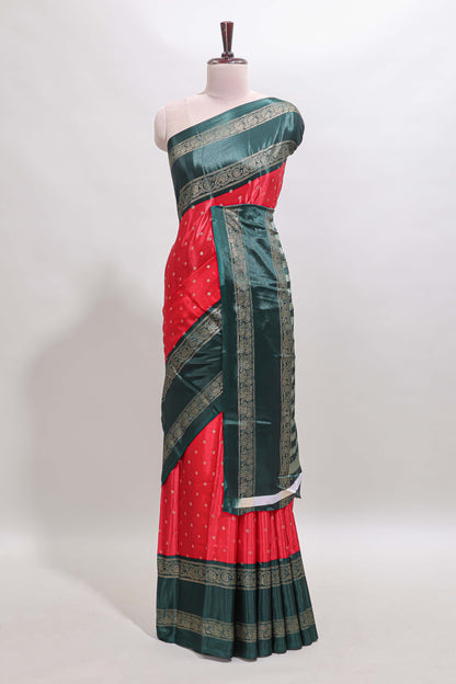 Red zari butta semi soft silk saree with contrast green bentex border and zari striped pallu