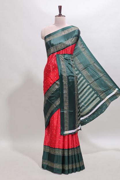 Red zari butta semi soft silk saree with contrast green bentex border and zari striped pallu