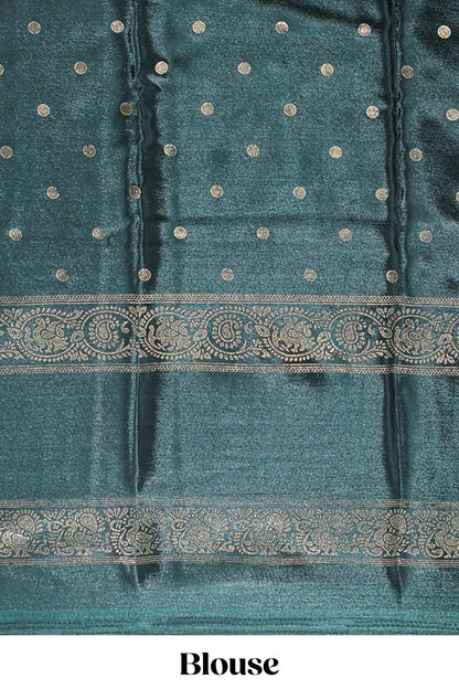 Red zari butta semi soft silk saree with contrast green bentex border and zari striped pallu