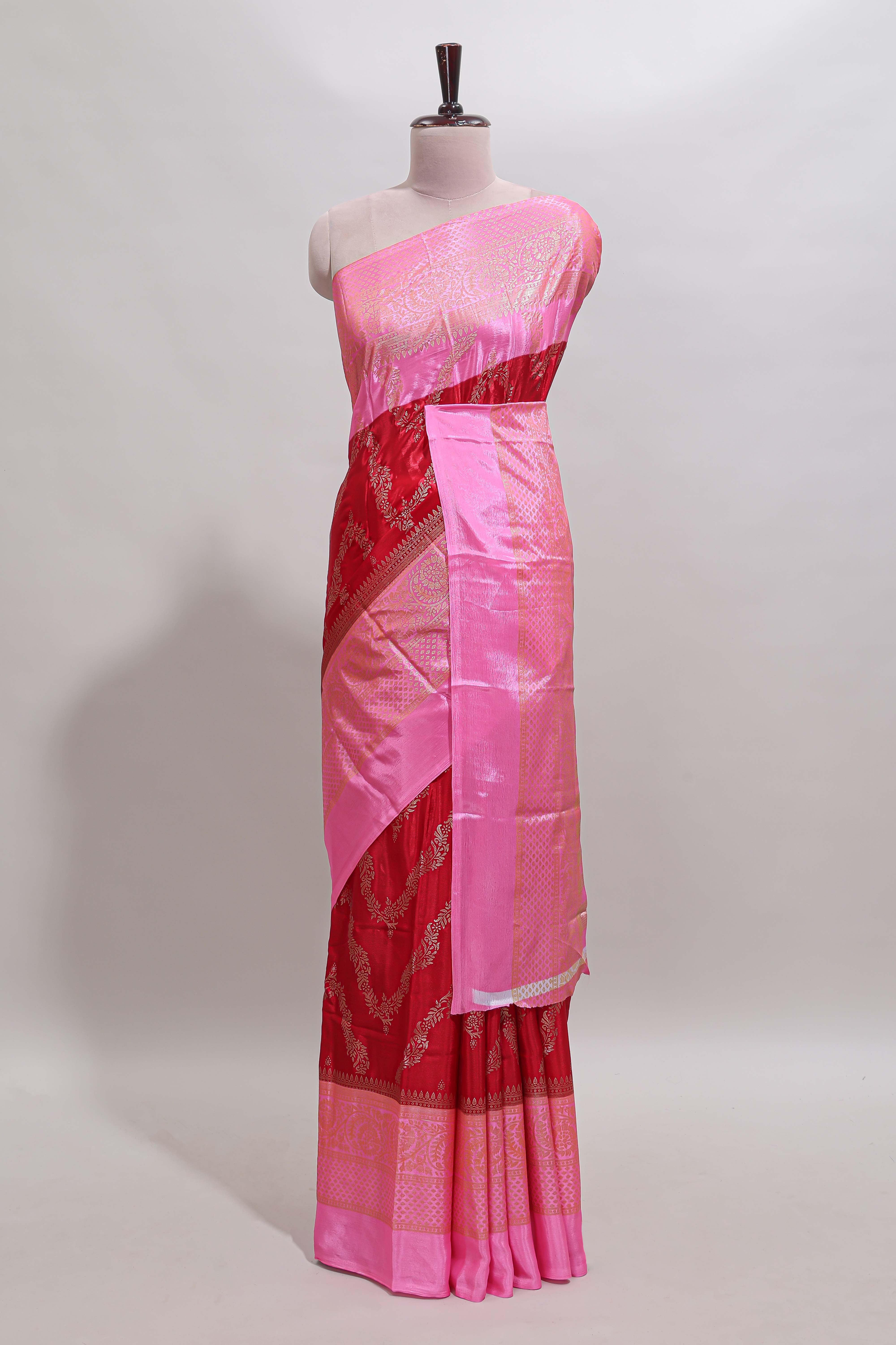 Red floral vine chevron design budget semi soft silk saree with contrast zari border and striped pallu