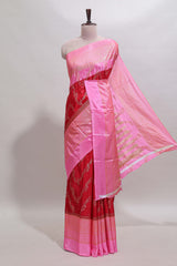 Red floral vine chevron design budget semi soft silk saree with contrast zari border and striped pallu