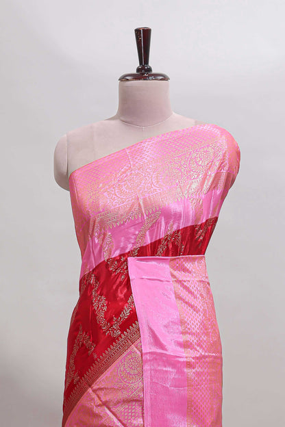 Red floral vine chevron design budget semi soft silk saree with contrast zari border and striped pallu