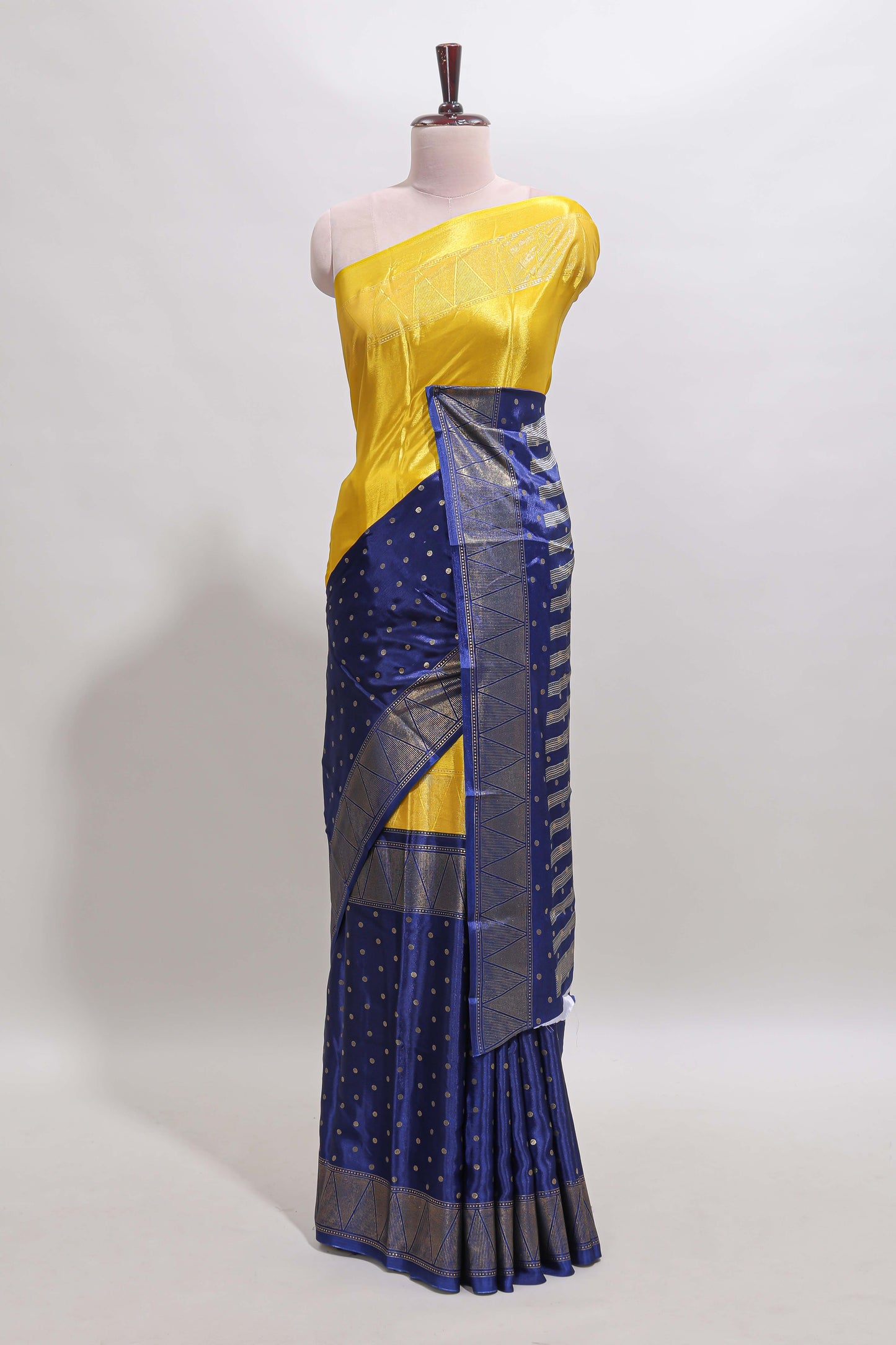 Yellow & blue dual shade zari motifs semi soft silk saree with self border and striped pallu