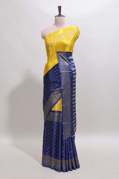 Yellow & blue dual shade zari motifs semi soft silk saree with self border and striped pallu