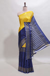 Yellow & blue dual shade zari motifs semi soft silk saree with self border and striped pallu