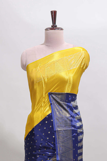 Yellow & blue dual shade zari motifs semi soft silk saree with self border and striped pallu
