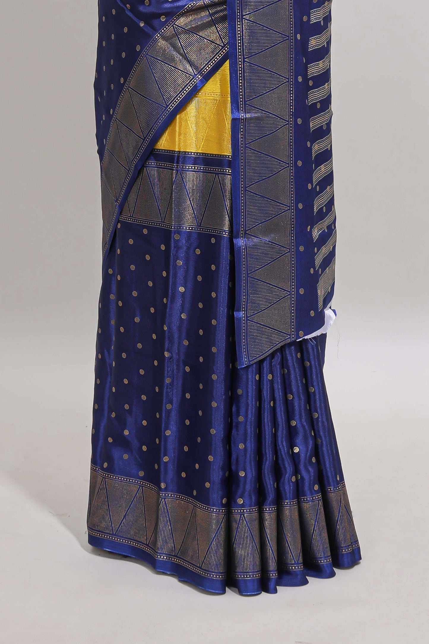 Yellow & blue dual shade zari motifs semi soft silk saree with self border and striped pallu