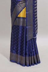 Yellow & blue dual shade zari motifs semi soft silk saree with self border and striped pallu