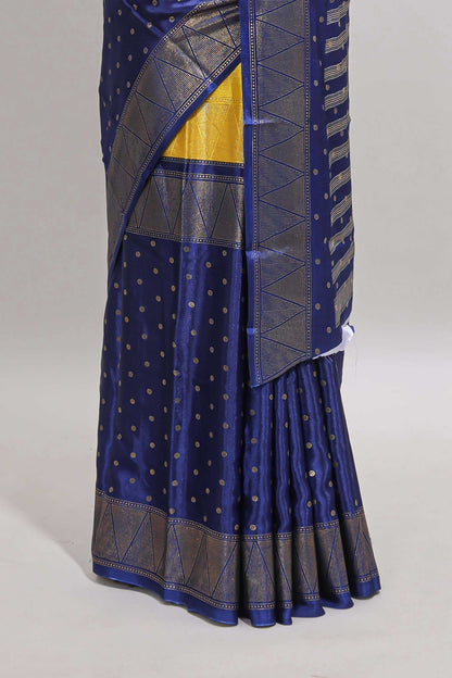 Yellow & blue dual shade zari motifs semi soft silk saree with self border and striped pallu