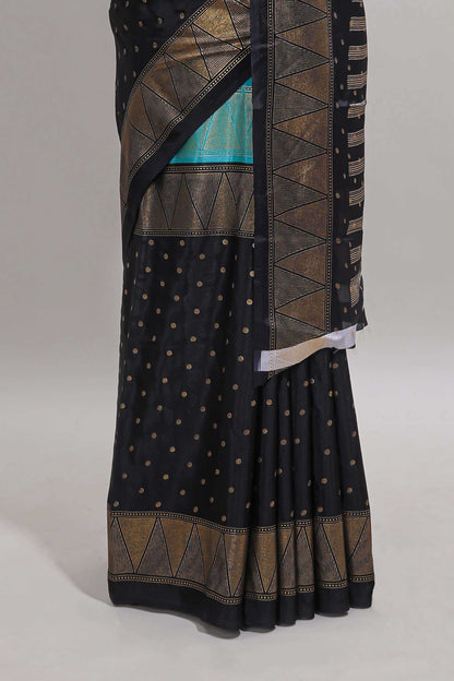 Blue & black dual shade zari motifs semi soft silk saree with self border and striped pallu