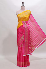 Mustard & pink dual shade zari motifs semi soft silk saree with self border and striped pallu