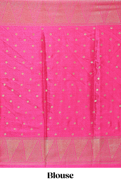 Mustard & pink dual shade zari motifs semi soft silk saree with self border and striped pallu