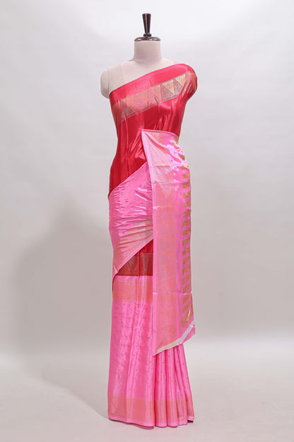 Red & pink dual shade zari motifs semi soft silk saree with self border and striped pallu