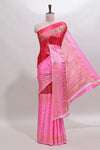 Red & pink dual shade zari motifs semi soft silk saree with self border and striped pallu