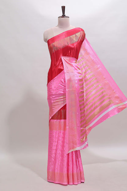Red & pink dual shade zari motifs semi soft silk saree with self border and striped pallu