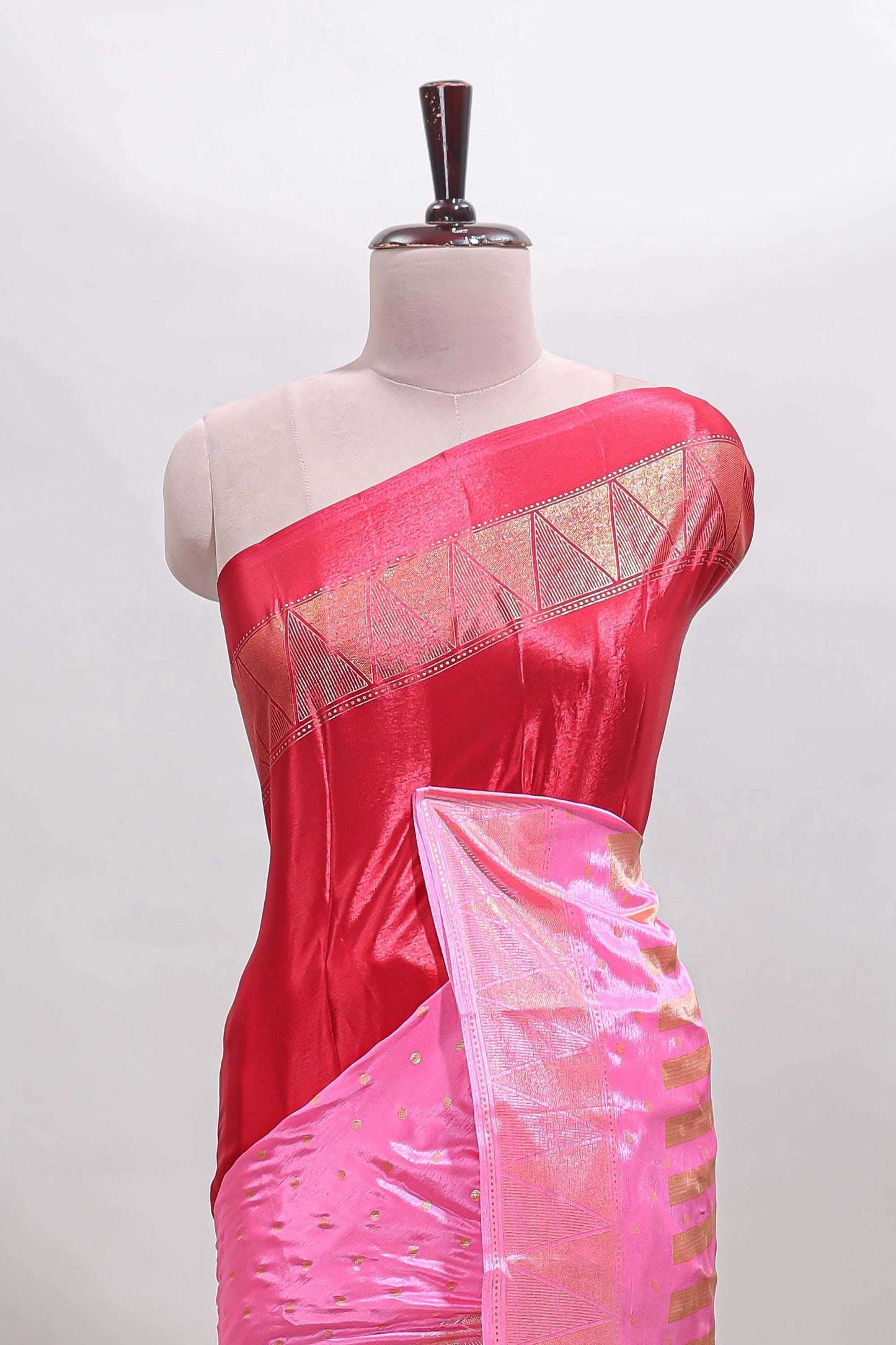 Red & pink dual shade zari motifs semi soft silk saree with self border and striped pallu