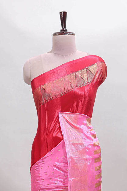Red & pink dual shade zari motifs semi soft silk saree with self border and striped pallu