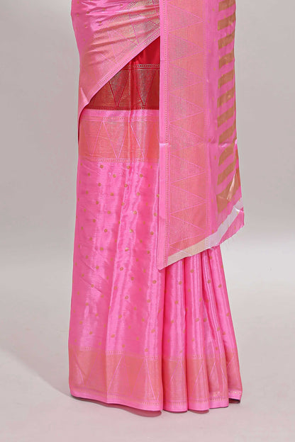 Red & pink dual shade zari motifs semi soft silk saree with self border and striped pallu