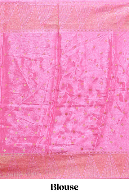 Red & pink dual shade zari motifs semi soft silk saree with self border and striped pallu