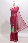 Green zari motifs semi soft silk saree with contrast border and striped pallu