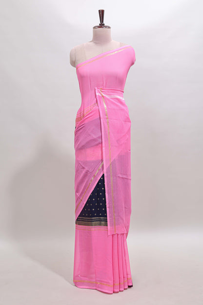 Blue zari motifs semi soft silk saree with contrast border and striped blouse