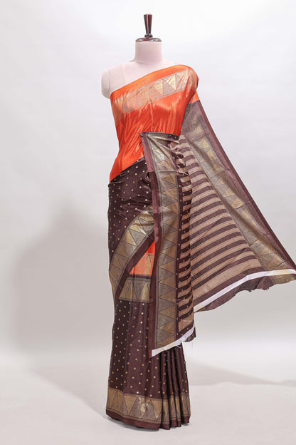 Orange & brown dual shade zari motifs semi soft silk saree with self border and striped pallu