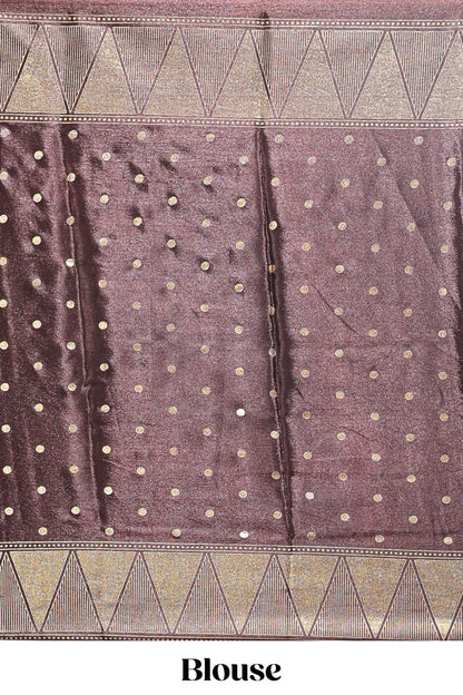 Orange & brown dual shade zari motifs semi soft silk saree with self border and striped pallu