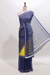 Yellow zari motifs semi soft silk saree with contrast border and striped blouse