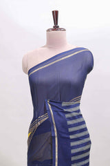 Yellow zari motifs semi soft silk saree with contrast border and striped blouse