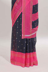 Dark blue checked semi soft silk saree with contrast border and striped pallu