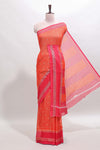 Orange checked semi soft silk saree with contrast border and striped pallu