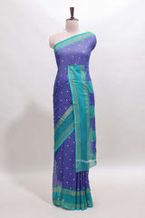 Royal blue checked semi soft silk saree with contrast border and striped pallu