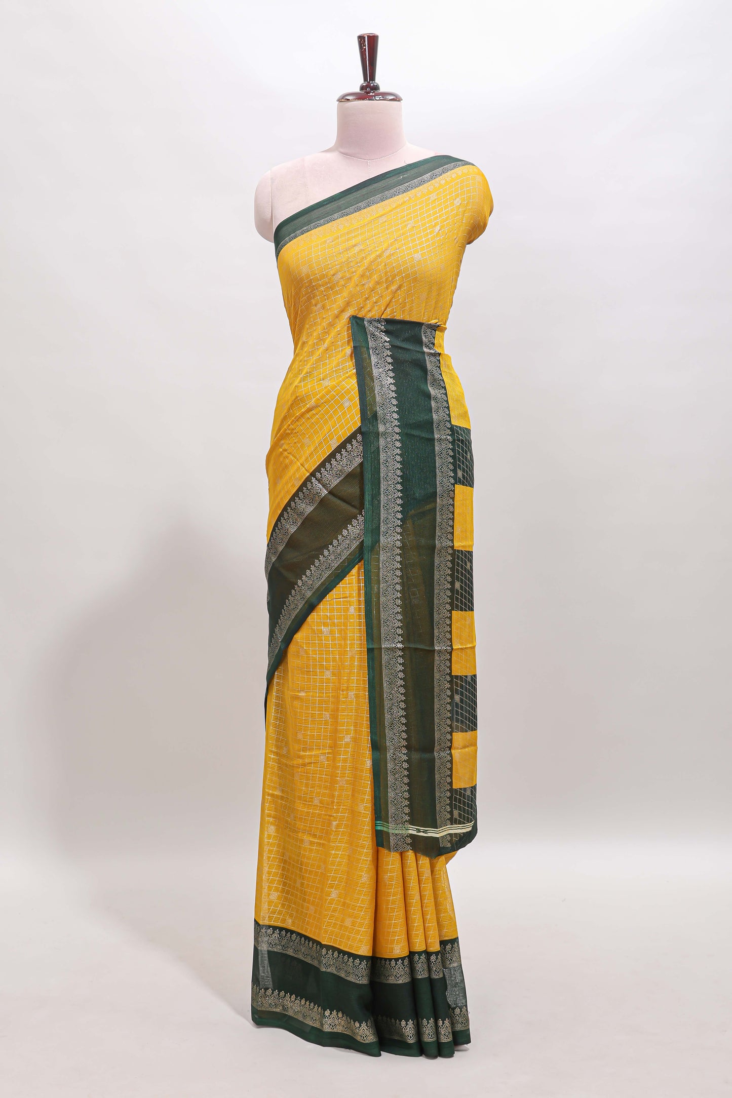Mustard checked zari motifs semi soft silk saree with contrast bentex border and striped pallu