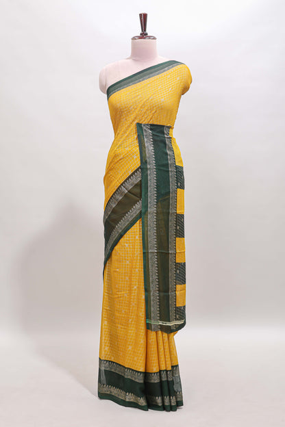 Mustard checked zari motifs semi soft silk saree with contrast bentex border and striped pallu