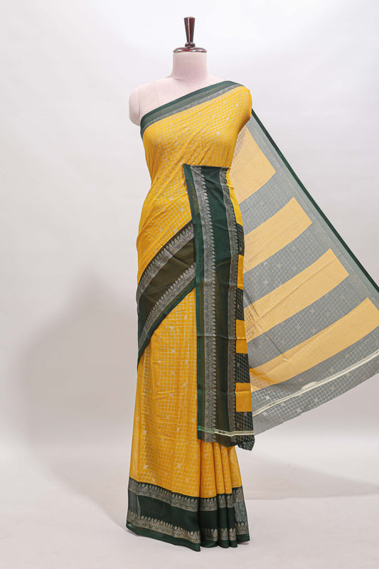 Mustard checked zari motifs semi soft silk saree with contrast bentex border and striped pallu