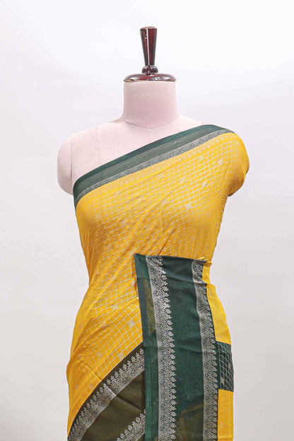 Mustard checked zari motifs semi soft silk saree with contrast bentex border and striped pallu