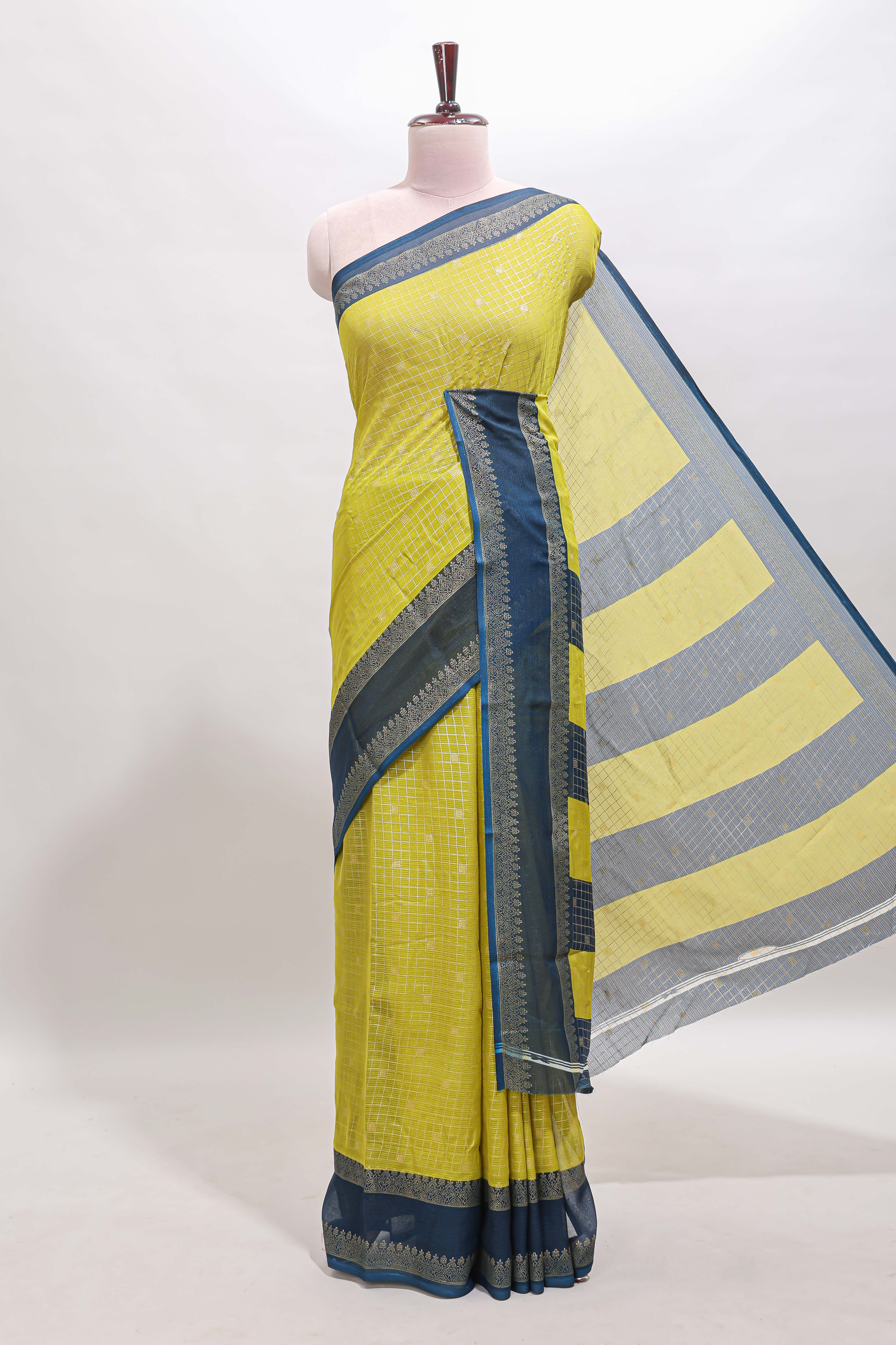 Lime green checked zari motifs semi soft silk saree with contrast bentex border and striped pallu
