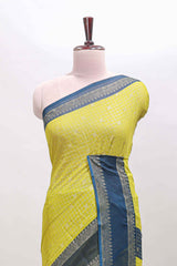 Lime green checked zari motifs semi soft silk saree with contrast bentex border and striped pallu