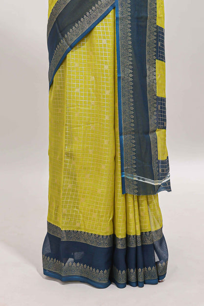Lime green checked zari motifs semi soft silk saree with contrast bentex border and striped pallu