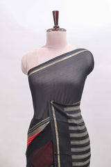 Pink zari butta semi soft silk saree with contrast border and striped pallu