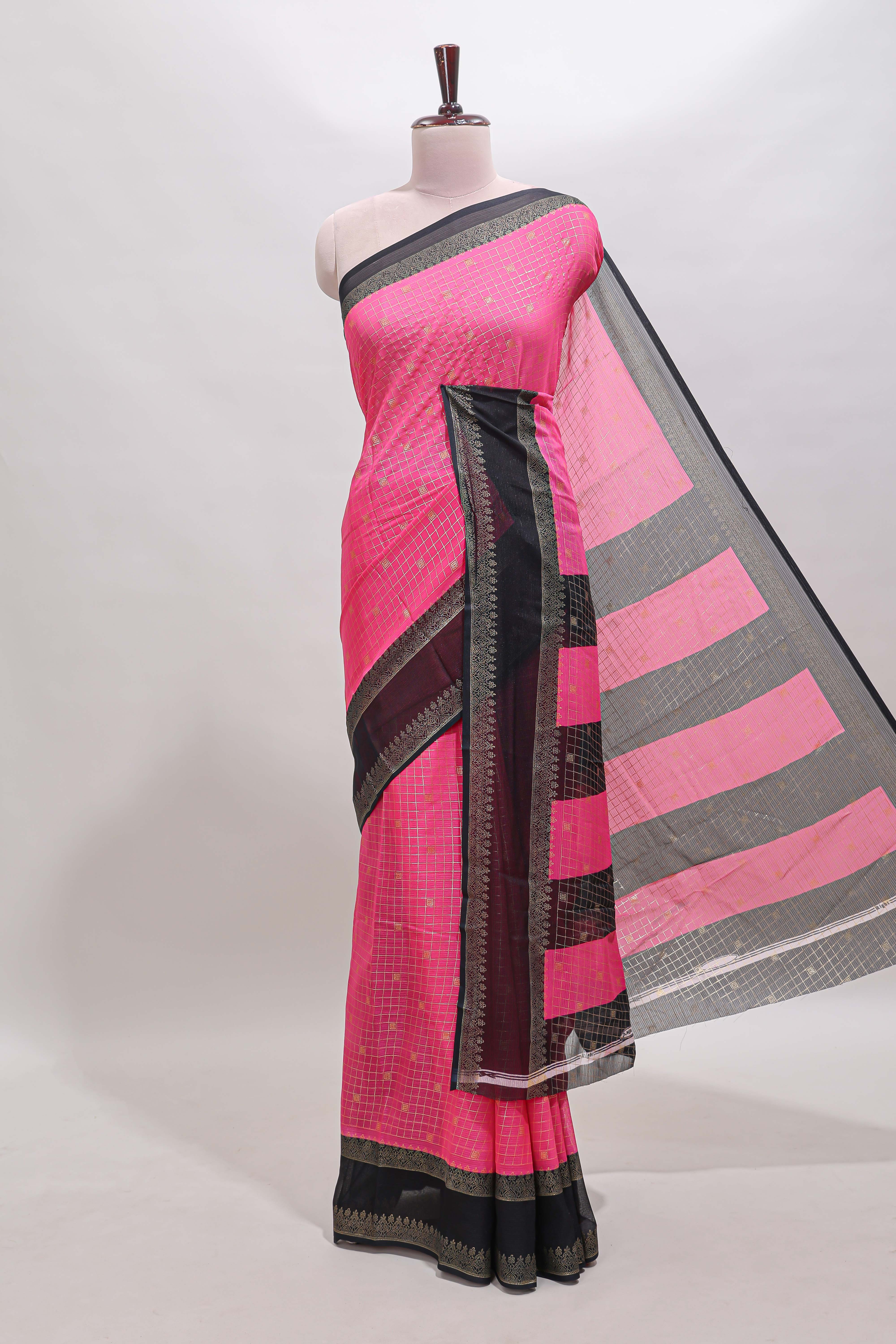 Pink checked zari motifs semi soft silk saree with contrast bentex border and striped pallu