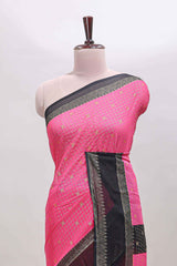 Pink checked zari motifs semi soft silk saree with contrast bentex border and striped pallu