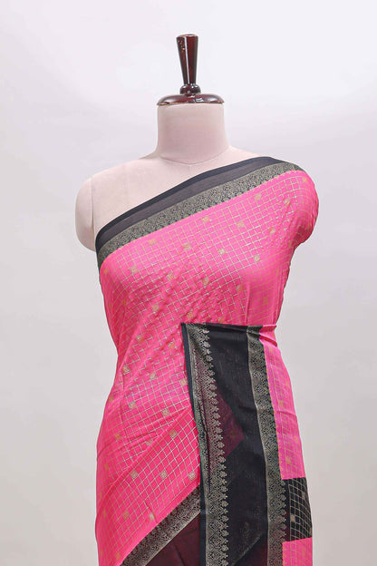 Pink checked zari motifs semi soft silk saree with contrast bentex border and striped pallu