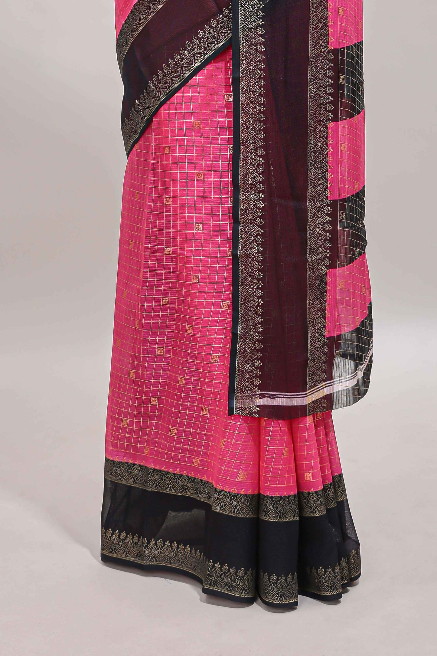 Pink checked zari motifs semi soft silk saree with contrast bentex border and striped pallu