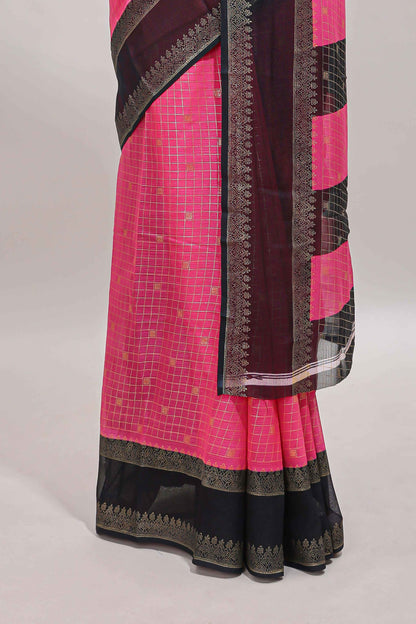 Pink checked zari motifs semi soft silk saree with contrast bentex border and striped pallu