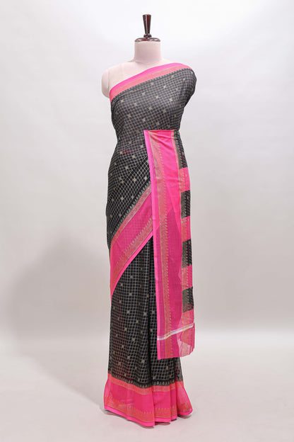 Black checked zari motifs semi soft silk saree with contrast bentex border and striped pallu