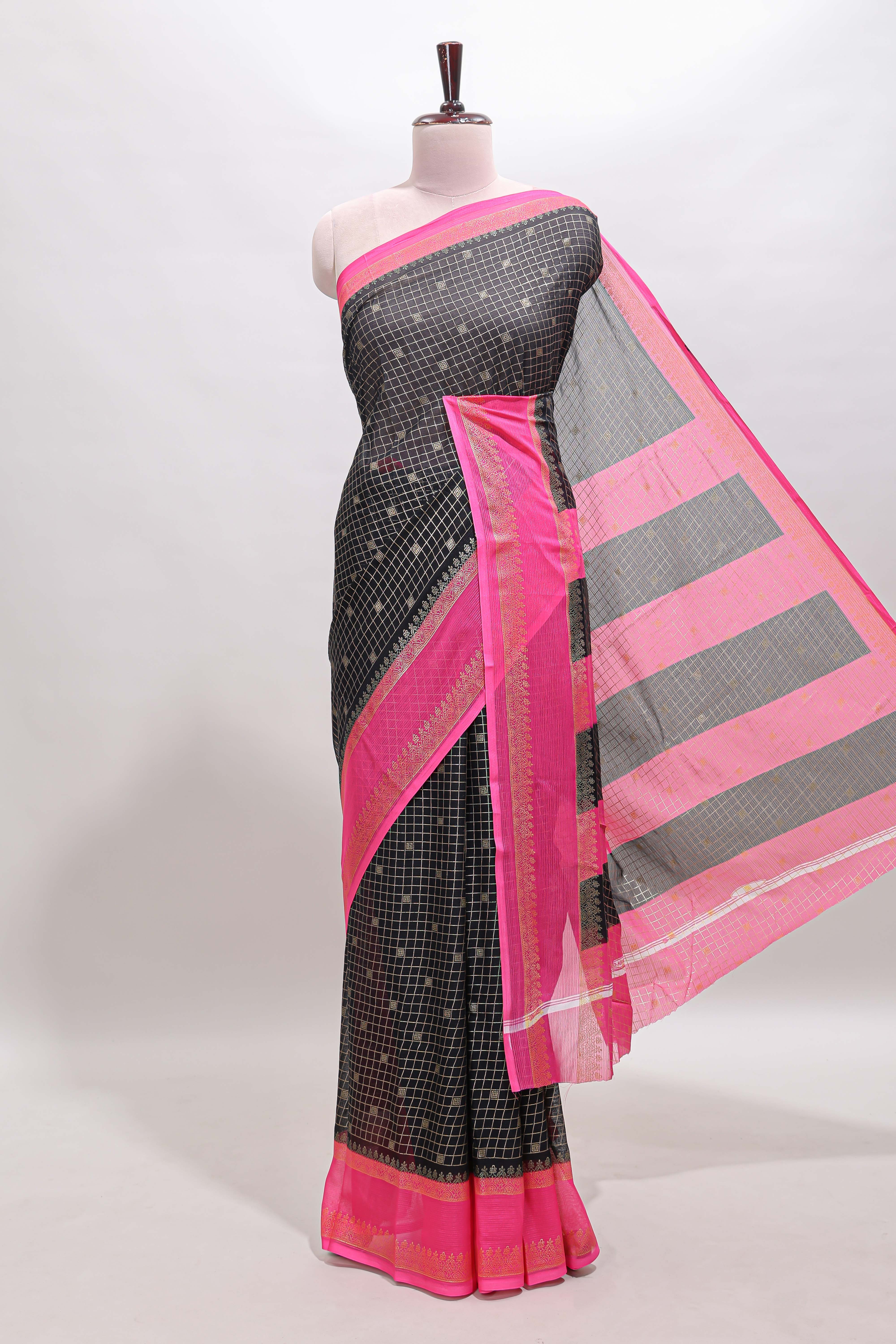 Black checked zari motifs semi soft silk saree with contrast bentex border and striped pallu
