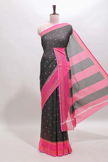 Black checked zari motifs semi soft silk saree with contrast bentex border and striped pallu