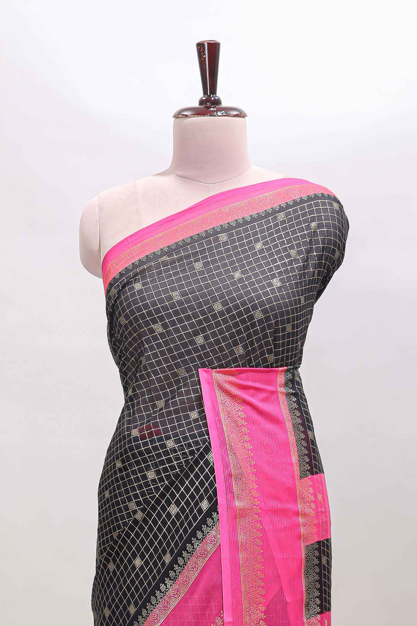 Black checked zari motifs semi soft silk saree with contrast bentex border and striped pallu